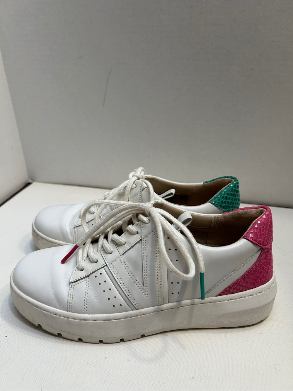 Vionic White Leather Sneakers with Green & Pink Heel Tabs